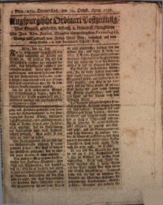 Augsburgische Ordinari Postzeitung von Staats-, gelehrten, historisch- u. ökonomischen Neuigkeiten (Augsburger Postzeitung) Donnerstag 19. Oktober 1786