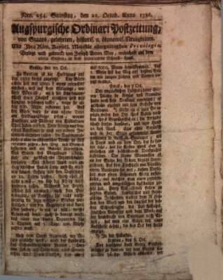 Augsburgische Ordinari Postzeitung von Staats-, gelehrten, historisch- u. ökonomischen Neuigkeiten (Augsburger Postzeitung) Samstag 21. Oktober 1786