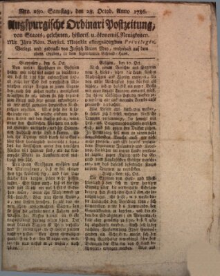 Augsburgische Ordinari Postzeitung von Staats-, gelehrten, historisch- u. ökonomischen Neuigkeiten (Augsburger Postzeitung) Samstag 28. Oktober 1786