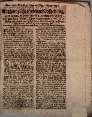 Augsburgische Ordinari Postzeitung von Staats-, gelehrten, historisch- u. ökonomischen Neuigkeiten (Augsburger Postzeitung) Dienstag 7. November 1786