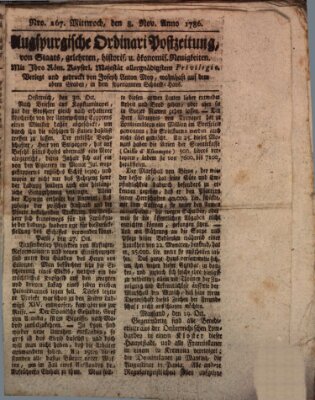 Augsburgische Ordinari Postzeitung von Staats-, gelehrten, historisch- u. ökonomischen Neuigkeiten (Augsburger Postzeitung) Mittwoch 8. November 1786