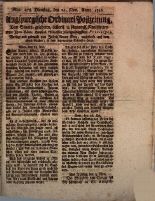 Augsburgische Ordinari Postzeitung von Staats-, gelehrten, historisch- u. ökonomischen Neuigkeiten (Augsburger Postzeitung) Dienstag 21. November 1786