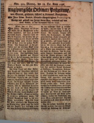 Augsburgische Ordinari Postzeitung von Staats-, gelehrten, historisch- u. ökonomischen Neuigkeiten (Augsburger Postzeitung) Montag 18. Dezember 1786