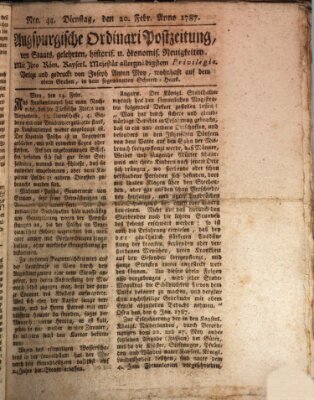 Augsburgische Ordinari Postzeitung von Staats-, gelehrten, historisch- u. ökonomischen Neuigkeiten (Augsburger Postzeitung) Dienstag 20. Februar 1787