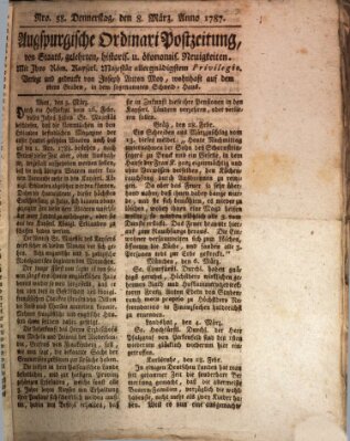 Augsburgische Ordinari Postzeitung von Staats-, gelehrten, historisch- u. ökonomischen Neuigkeiten (Augsburger Postzeitung) Donnerstag 8. März 1787