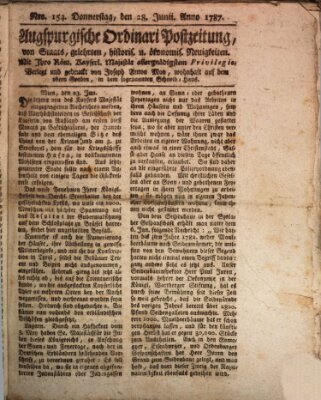 Augsburgische Ordinari Postzeitung von Staats-, gelehrten, historisch- u. ökonomischen Neuigkeiten (Augsburger Postzeitung) Donnerstag 28. Juni 1787