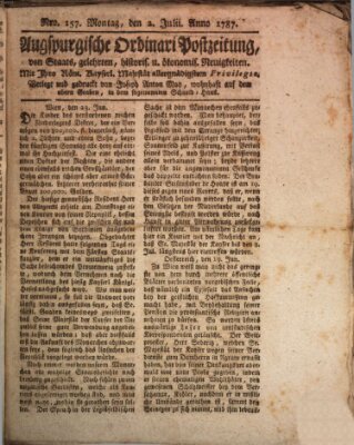 Augsburgische Ordinari Postzeitung von Staats-, gelehrten, historisch- u. ökonomischen Neuigkeiten (Augsburger Postzeitung) Montag 2. Juli 1787