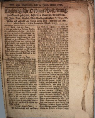 Augsburgische Ordinari Postzeitung von Staats-, gelehrten, historisch- u. ökonomischen Neuigkeiten (Augsburger Postzeitung) Mittwoch 4. Juli 1787