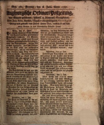 Augsburgische Ordinari Postzeitung von Staats-, gelehrten, historisch- u. ökonomischen Neuigkeiten (Augsburger Postzeitung) Freitag 6. Juli 1787