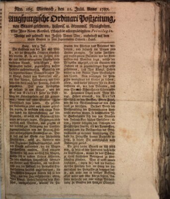 Augsburgische Ordinari Postzeitung von Staats-, gelehrten, historisch- u. ökonomischen Neuigkeiten (Augsburger Postzeitung) Mittwoch 11. Juli 1787