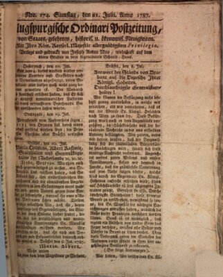 Augsburgische Ordinari Postzeitung von Staats-, gelehrten, historisch- u. ökonomischen Neuigkeiten (Augsburger Postzeitung) Samstag 21. Juli 1787