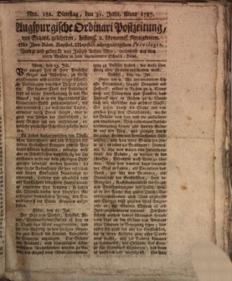 Augsburgische Ordinari Postzeitung von Staats-, gelehrten, historisch- u. ökonomischen Neuigkeiten (Augsburger Postzeitung) Dienstag 31. Juli 1787