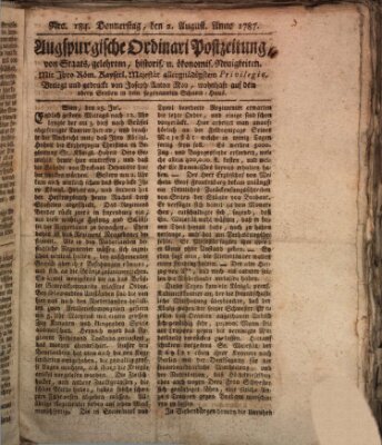 Augsburgische Ordinari Postzeitung von Staats-, gelehrten, historisch- u. ökonomischen Neuigkeiten (Augsburger Postzeitung) Donnerstag 2. August 1787