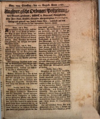 Augsburgische Ordinari Postzeitung von Staats-, gelehrten, historisch- u. ökonomischen Neuigkeiten (Augsburger Postzeitung) Dienstag 14. August 1787