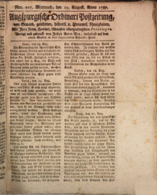 Augsburgische Ordinari Postzeitung von Staats-, gelehrten, historisch- u. ökonomischen Neuigkeiten (Augsburger Postzeitung) Mittwoch 29. August 1787