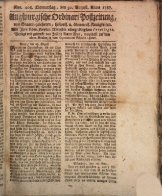 Augsburgische Ordinari Postzeitung von Staats-, gelehrten, historisch- u. ökonomischen Neuigkeiten (Augsburger Postzeitung) Donnerstag 30. August 1787