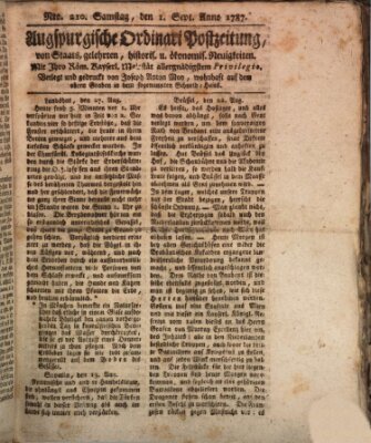 Augsburgische Ordinari Postzeitung von Staats-, gelehrten, historisch- u. ökonomischen Neuigkeiten (Augsburger Postzeitung) Samstag 1. September 1787