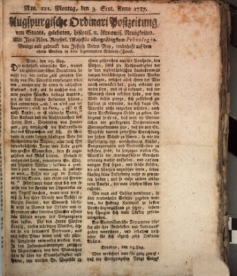 Augsburgische Ordinari Postzeitung von Staats-, gelehrten, historisch- u. ökonomischen Neuigkeiten (Augsburger Postzeitung) Montag 3. September 1787