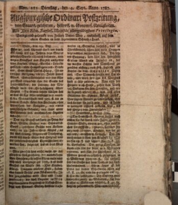 Augsburgische Ordinari Postzeitung von Staats-, gelehrten, historisch- u. ökonomischen Neuigkeiten (Augsburger Postzeitung) Dienstag 4. September 1787