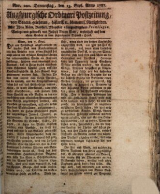 Augsburgische Ordinari Postzeitung von Staats-, gelehrten, historisch- u. ökonomischen Neuigkeiten (Augsburger Postzeitung) Donnerstag 13. September 1787