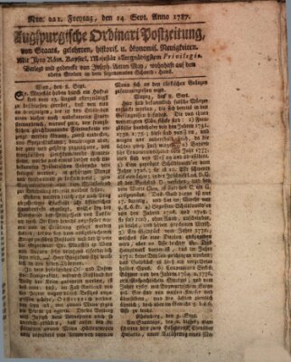 Augsburgische Ordinari Postzeitung von Staats-, gelehrten, historisch- u. ökonomischen Neuigkeiten (Augsburger Postzeitung) Freitag 14. September 1787