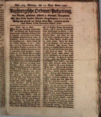 Augsburgische Ordinari Postzeitung von Staats-, gelehrten, historisch- u. ökonomischen Neuigkeiten (Augsburger Postzeitung) Montag 17. September 1787