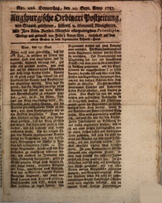 Augsburgische Ordinari Postzeitung von Staats-, gelehrten, historisch- u. ökonomischen Neuigkeiten (Augsburger Postzeitung) Donnerstag 20. September 1787