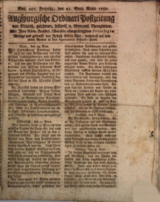 Augsburgische Ordinari Postzeitung von Staats-, gelehrten, historisch- u. ökonomischen Neuigkeiten (Augsburger Postzeitung) Freitag 21. September 1787