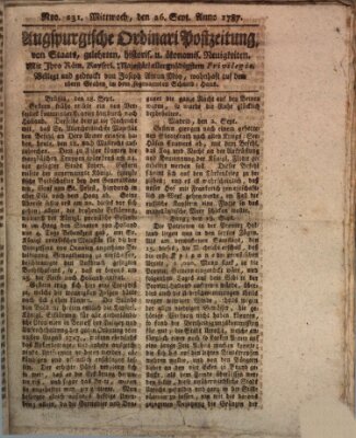 Augsburgische Ordinari Postzeitung von Staats-, gelehrten, historisch- u. ökonomischen Neuigkeiten (Augsburger Postzeitung) Mittwoch 26. September 1787