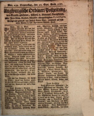 Augsburgische Ordinari Postzeitung von Staats-, gelehrten, historisch- u. ökonomischen Neuigkeiten (Augsburger Postzeitung) Donnerstag 27. September 1787