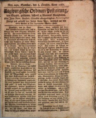 Augsburgische Ordinari Postzeitung von Staats-, gelehrten, historisch- u. ökonomischen Neuigkeiten (Augsburger Postzeitung) Samstag 6. Oktober 1787