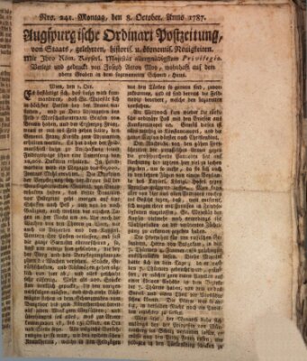 Augsburgische Ordinari Postzeitung von Staats-, gelehrten, historisch- u. ökonomischen Neuigkeiten (Augsburger Postzeitung) Montag 8. Oktober 1787