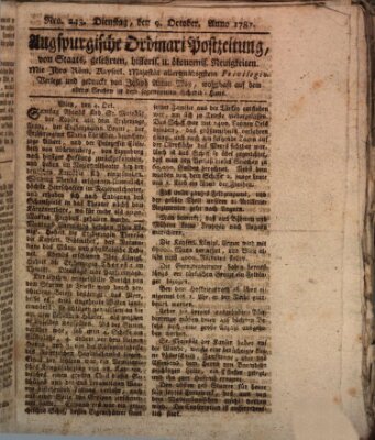 Augsburgische Ordinari Postzeitung von Staats-, gelehrten, historisch- u. ökonomischen Neuigkeiten (Augsburger Postzeitung) Dienstag 9. Oktober 1787