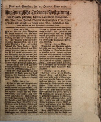 Augsburgische Ordinari Postzeitung von Staats-, gelehrten, historisch- u. ökonomischen Neuigkeiten (Augsburger Postzeitung) Samstag 13. Oktober 1787