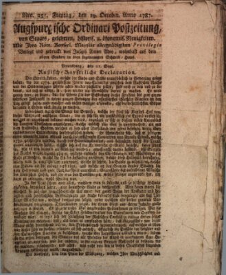 Augsburgische Ordinari Postzeitung von Staats-, gelehrten, historisch- u. ökonomischen Neuigkeiten (Augsburger Postzeitung) Freitag 19. Oktober 1787