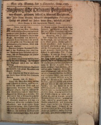 Augsburgische Ordinari Postzeitung von Staats-, gelehrten, historisch- u. ökonomischen Neuigkeiten (Augsburger Postzeitung) Montag 5. November 1787