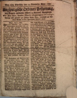 Augsburgische Ordinari Postzeitung von Staats-, gelehrten, historisch- u. ökonomischen Neuigkeiten (Augsburger Postzeitung) Dienstag 13. November 1787