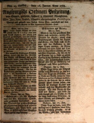 Augsburgische Ordinari Postzeitung von Staats-, gelehrten, historisch- u. ökonomischen Neuigkeiten (Augsburger Postzeitung) Samstag 26. Januar 1788