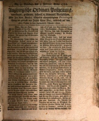 Augsburgische Ordinari Postzeitung von Staats-, gelehrten, historisch- u. ökonomischen Neuigkeiten (Augsburger Postzeitung) Dienstag 5. Februar 1788