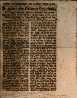 Augsburgische Ordinari Postzeitung von Staats-, gelehrten, historisch- u. ökonomischen Neuigkeiten (Augsburger Postzeitung) Donnerstag 1. Mai 1788