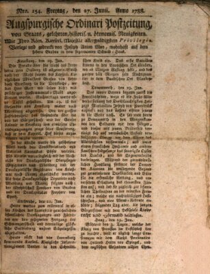 Augsburgische Ordinari Postzeitung von Staats-, gelehrten, historisch- u. ökonomischen Neuigkeiten (Augsburger Postzeitung) Freitag 27. Juni 1788