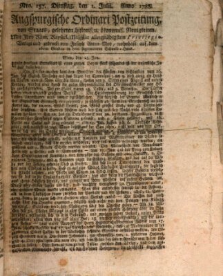 Augsburgische Ordinari Postzeitung von Staats-, gelehrten, historisch- u. ökonomischen Neuigkeiten (Augsburger Postzeitung) Dienstag 1. Juli 1788