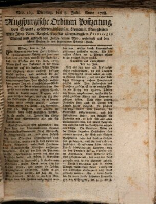 Augsburgische Ordinari Postzeitung von Staats-, gelehrten, historisch- u. ökonomischen Neuigkeiten (Augsburger Postzeitung) Dienstag 8. Juli 1788