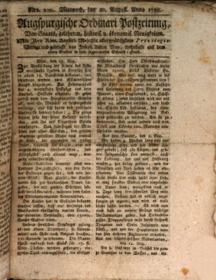 Augsburgische Ordinari Postzeitung von Staats-, gelehrten, historisch- u. ökonomischen Neuigkeiten (Augsburger Postzeitung) Mittwoch 20. August 1788