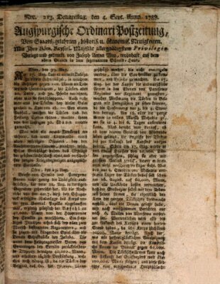 Augsburgische Ordinari Postzeitung von Staats-, gelehrten, historisch- u. ökonomischen Neuigkeiten (Augsburger Postzeitung) Donnerstag 4. September 1788