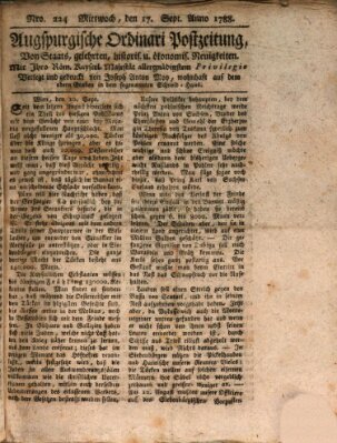 Augsburgische Ordinari Postzeitung von Staats-, gelehrten, historisch- u. ökonomischen Neuigkeiten (Augsburger Postzeitung) Mittwoch 17. September 1788