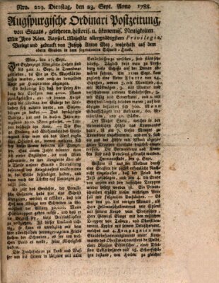 Augsburgische Ordinari Postzeitung von Staats-, gelehrten, historisch- u. ökonomischen Neuigkeiten (Augsburger Postzeitung) Dienstag 23. September 1788