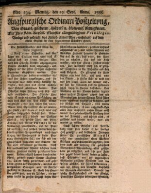 Augsburgische Ordinari Postzeitung von Staats-, gelehrten, historisch- u. ökonomischen Neuigkeiten (Augsburger Postzeitung) Montag 29. September 1788