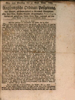 Augsburgische Ordinari Postzeitung von Staats-, gelehrten, historisch- u. ökonomischen Neuigkeiten (Augsburger Postzeitung) Dienstag 30. September 1788