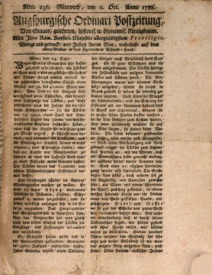 Augsburgische Ordinari Postzeitung von Staats-, gelehrten, historisch- u. ökonomischen Neuigkeiten (Augsburger Postzeitung) Mittwoch 1. Oktober 1788